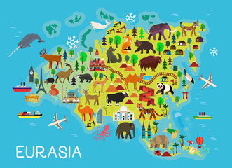 Cartoon animal map. Eurasia for Children and Kids. Vector Illustration.