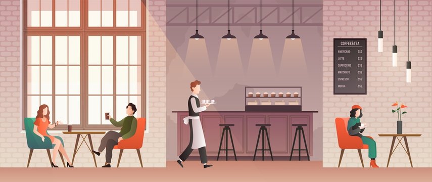 People in coffee shop. Friends meet and drink coffee and relax in coffeehouse. Guys talk with happy barista. Flat vector illustration