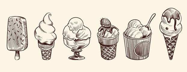 Ice cream dessert. Hand drawn black engraved vintage sweet delicious in bowl for restaurant isolated sketch vector set