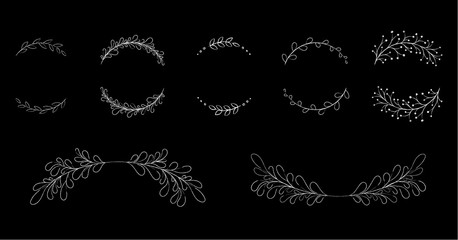 Hand drawn flowers and plants sketched frame vector illustration. Group of sketch flower silhouettes border, white chalk style drawings isolated on blackboard for wedding framed invitation