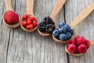 Ripe berries in wooden spoons