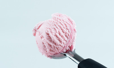 Strawberry ice cream scoop on white background, Closeup Front view Food concept...