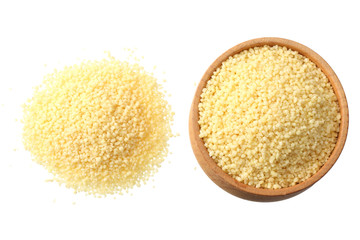 Couscous in wooden bowl isolated on white background. top view