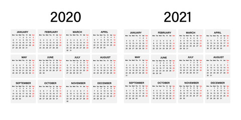 Calendar for 2020 2021 year . Week starts on Monday