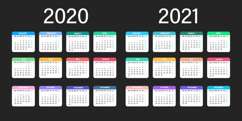 2020-2021 calendar template. Colorful set. Year 2020, Calendar Design.