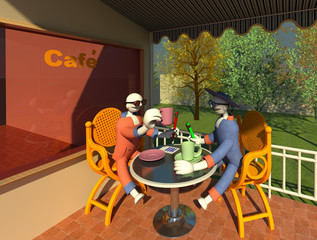 Two businessman characters in discussion over a coffee on a terrace in the park 3D illustration 2. Perspective view, green area background. Collection.