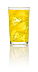 An orange soft drink with ice cubes