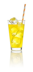An orange soft drink with ice cubes and a straw