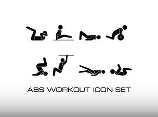 Set of Abdominal or AB Workout Black Icon in Gym Center. This Icon Consist of Eight Exercise Image. In Trendy and Simple Isolated on White Grey Background.- Vector