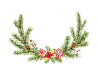 Watercolor vector Christmas wreath with green fir branches and gift.