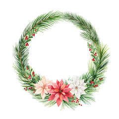 Watercolor vector Christmas wreath with fir branches and flowers of poinsettia.