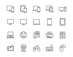 Devices flat line icons set. Pc, laptop, computer, smartphone, desktop, office copy machine vector illustrations. Outline minimal signs for electronic store. Pixel perfect 64x64. Editable Strokes