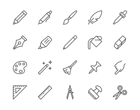 Drawing Tools Flat Line Icons Set. Pen, Pencil, Paintbrush, Dropper, Stamp, Smudge, Paint Bucket, Vector Illustrations. Outline Minimal Signs For Web Interface. Pixel Perfect 64x64. Editable Strokes