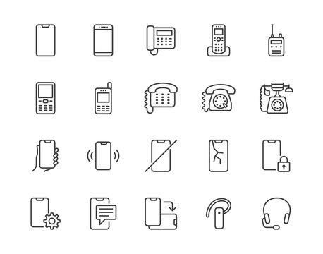 Phone flat line icons set. Smartphone, landline telephone, portable device, walkie talkie, broken display vector illustrations. Outline signs technology store. Pixel perfect 64x64. Editable Strokes