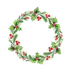 Watercolor vector Christmas wreath with green branches and red berries.