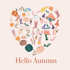Autumn background with many autumn elements, in the shape of a heart.Vector elements. Creative template card