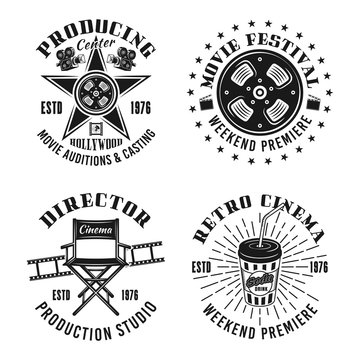 Cinema set of four vector monochrome retro emblems
