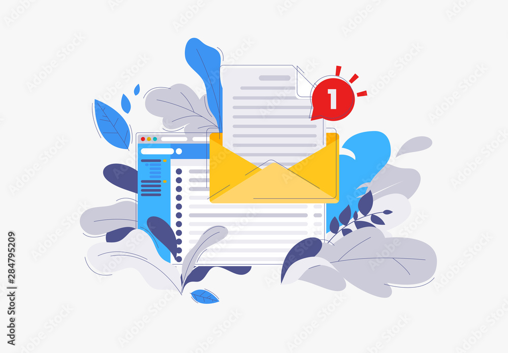 Poster vector illustration of a mail client in the browser, the icon of the envelope with an attached text 