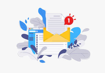 Vector illustration of a mail client in the browser, the icon of the envelope with an attached text document, the concept of e-mail, in the flower leaves