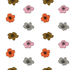 Anemone flowers,vector seamless pattern. Hand drawn floral background in retro pastel colores.