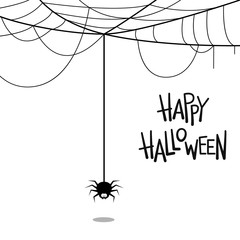 Happy Halloween Text Banner. Vector lettering. Holiday calligraphy with spider and web for banner, poster, greeting card, party invitation. Isolated. Vector stock illustration, EPS 10.