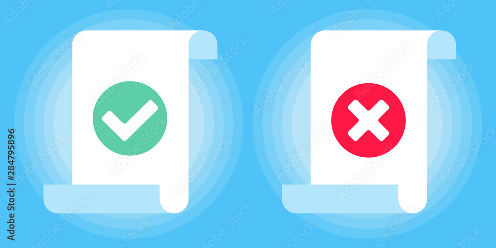 Poster document paper sheet page with claim form, check mark tick and cross, text icon vector illustration 
