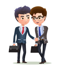 Businessman vector character deal agreement. Two business partners character deal with agreement shaking hands. Vector illustration.