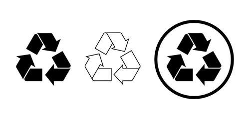 Set of three black recycle signs on white background. Different black recycle icons with full color, outline, and encircled. Variations of black recycle symbol. Vector illustration, flat, clip art.