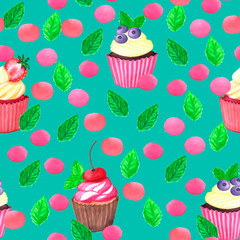 Sweet delicious watercolor pattern with cupcakes. Hand-drawn background.