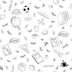 Monochrome vector seamless pattern with school supplies and stationery