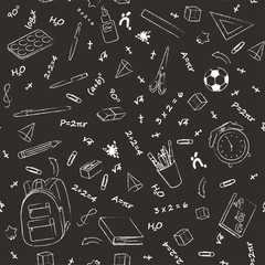 Monochrome vector seamless pattern with school supplies and stationery