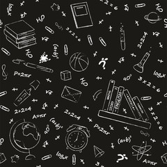 Monochrome vector seamless pattern with school supplies and stationery