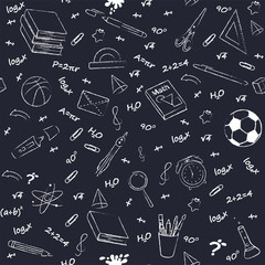 Monochrome vector seamless pattern with school supplies and stationery