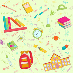 Multicolour vector seamless pattern with school supplies and stationery.