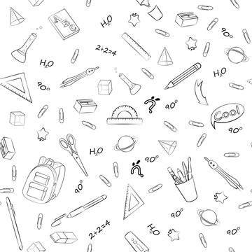 Monochrome vector seamless pattern with school supplies and stationery