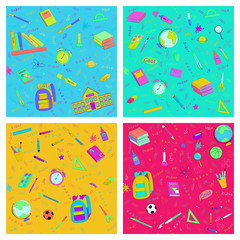 Multicolour vector seamless pattern with school supplies and stationery.