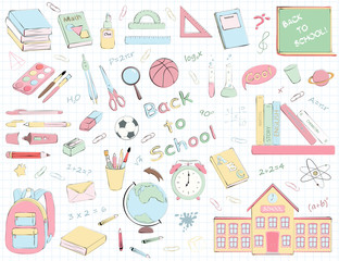 Vector set of multicolour school supplies and stationery.