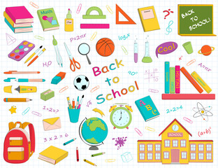 Vector set of multicolour school supplies and stationery.