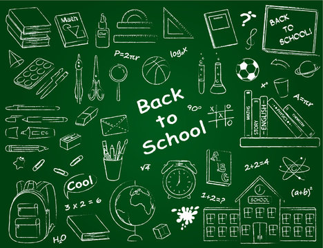 Vector set of monochrome school supplies and stationery.