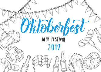 Oktoberfest celebration poster with hand made lettering. Beer festival 2019. Sketch. Oktoberfest design for menu, poster, banner, flyer, brochure