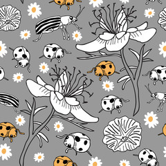 Daisy and Nigella flowers with ladybug and bugs-Garden Life seamless repeat pattern. Monochromatic, Graphic Surface repeat pattern design. fresh floral repeat pattern in Grey, yellow,black and white.