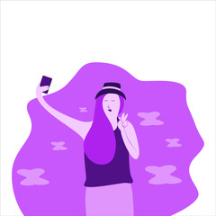 girl taking selfie in flat illustration. girl hold smartphone