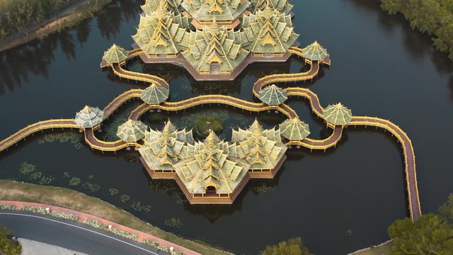 Aerial footage of Ancient City Muang Boran in Bangkok