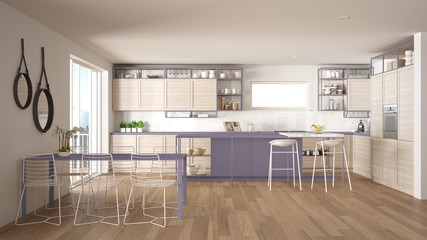 Penthouse minimalist kitchen interior design, lounge with sofa and carpet, dining table, island with stools, parquet. Modern contemporary white and violet architecture concept idea