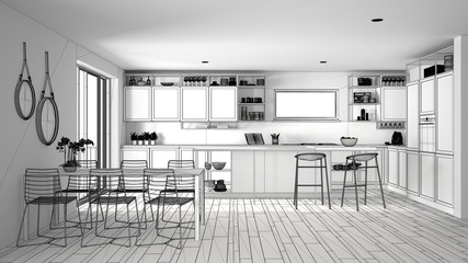 Unfinished project of penthouse minimalist kitchen interior design, dining table, island with stools, parquet, modern architecture concept idea