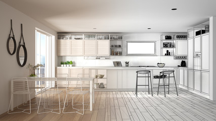 Architect interior designer concept: unfinished project that becomes real, penthouse kitchen interior design, island with stools, dining table, parquet, concept idea