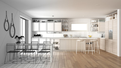 Architect interior designer concept: unfinished project that becomes real, penthouse kitchen interior design, island with stools, dining table, parquet, concept idea