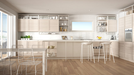 Penthouse minimalist kitchen interior design, lounge with sofa and carpet, dining table, island with stools, parquet. Modern contemporary white architecture concept idea