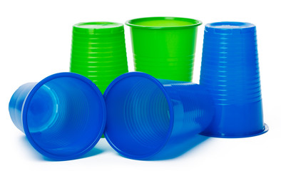 Colored disposable cups for drinks isolated on white