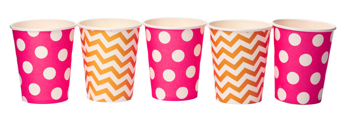 Obraz premium Paper disposable cups with colored pattern isolated on white background
